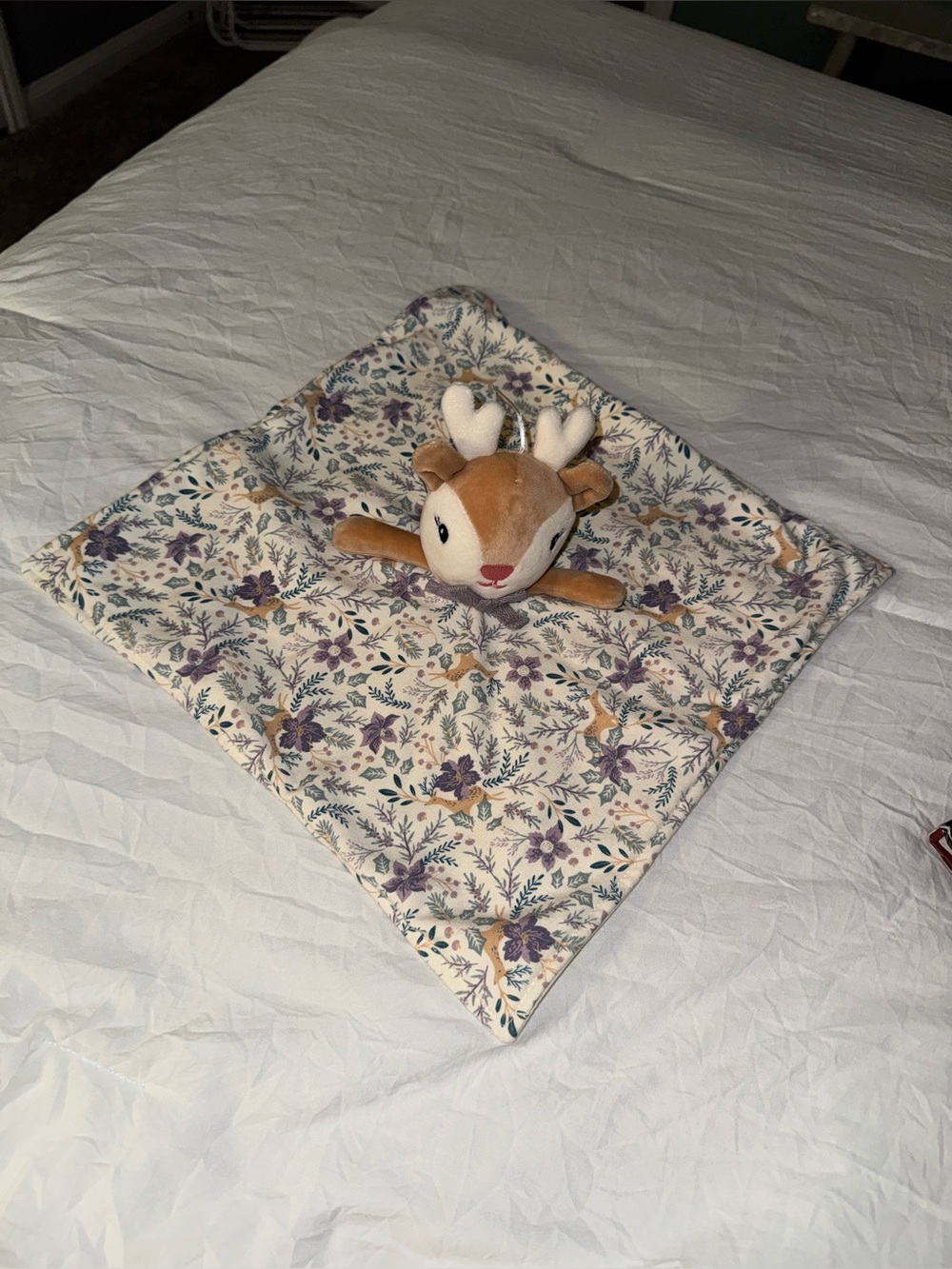 Plush Deer Head Lovey Tan and White with Purple Bow - Picture 2 of 6